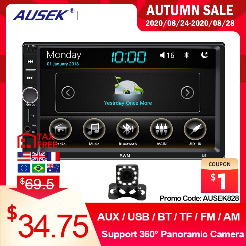 AUSEK 2 din Car Radio 7" Touch Screen Auto audio Multimedia Player Autoradio Car Stereo MP5 Bluetooth USB TF FM AM 360° Camera
AUSEK 2 din Car Radio 7" Touch Screen Auto audio Multimedia Player Autoradio Car Stereo MP5 Bluetooth USB TF FM AM 360° Camera