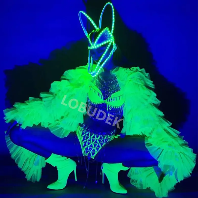 

Nightclub Costume Sexy DJ Female Singer Leading Dance Team Performance Clothes Fluorescent Bikini Set Luminous Headdress Outfits