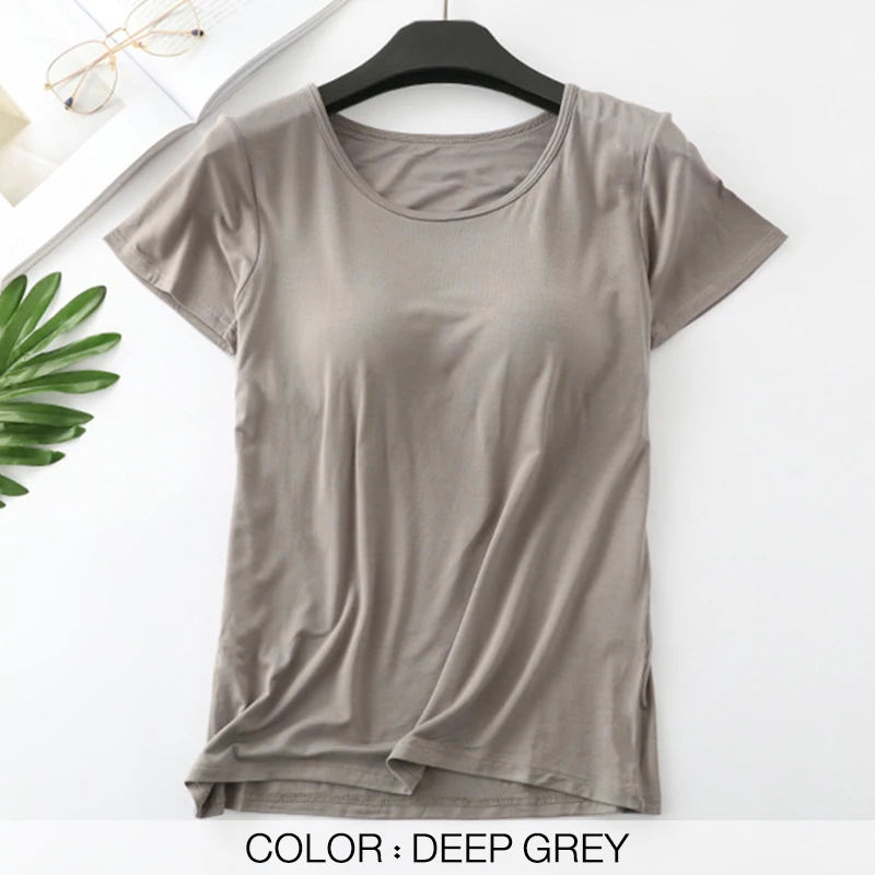 Women's T-Shirts Built-in Bra Padded Tshirts Tops For Women Push-Up Stretchable Modal Short Sleeve Sexy Casual
