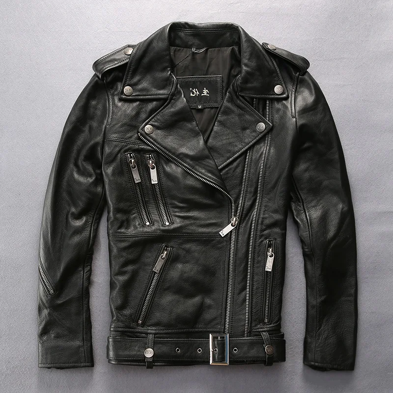 Фото Мужская приталенная мотоциклетная куртка с поясом модная мужская на молнии