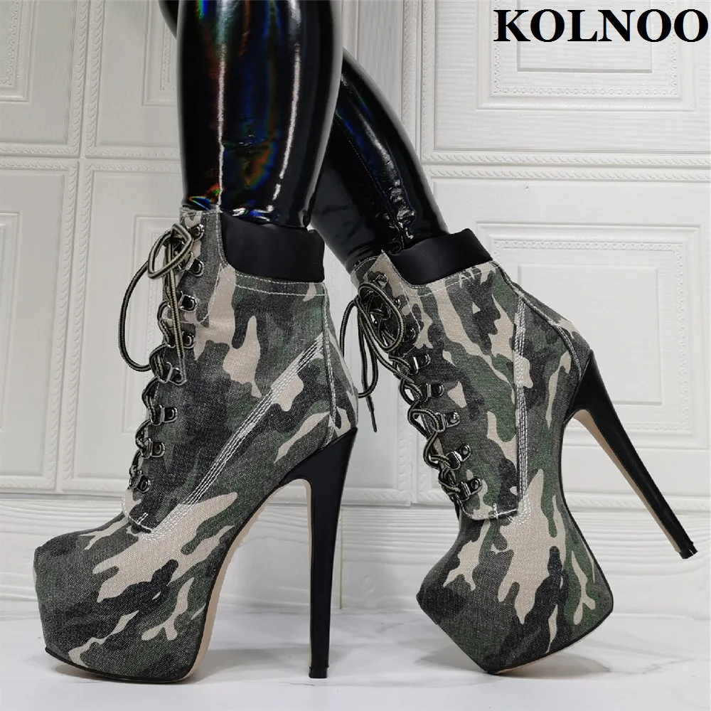 

Kolnoo New Classic Womens High Heels Ankle Boots Camouflage Cross Lace-Up Sexy Platform Dress Boots Fashion Party Winter Shoes