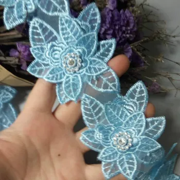 

10x Blue 7cm Pearl Handmade Beaded Flower Embroidered Lace Edge Trim Ribbon Double Layered Applique Dress DIY Sewing Craft New