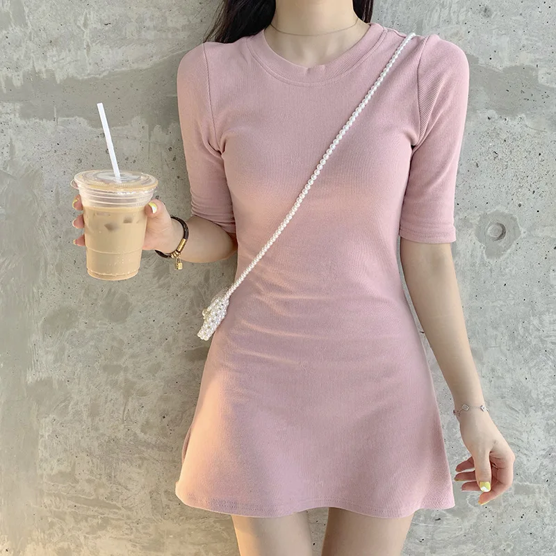 Photo Shoot Net Price Summer New Style Solid Color Versatile Waist Hugging Slimming Short-sleeve Dress Women's 
Photo Shoot Net Price Summer New Style Solid Color Versatile Waist Hugging Slimming Short-sleeve Dress Women's