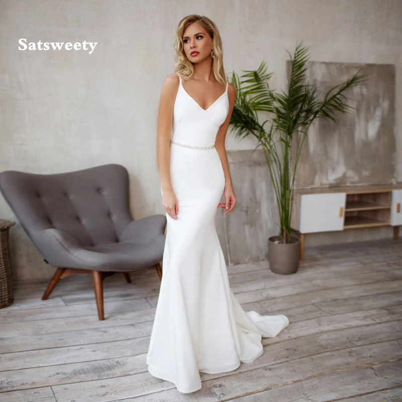 

Satsweety Mermaid Wedding Dress Simple Stain Wedding Gowns Elegant Backless Bride Dresses Vestidos De Noiva