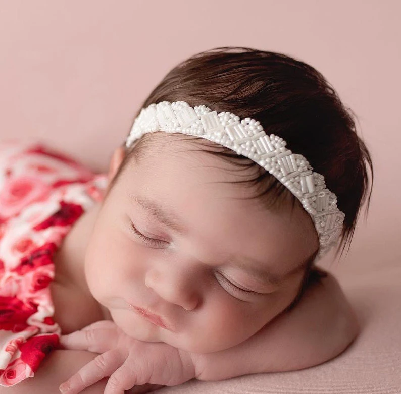 

baby beaded headbands newborn kids baptism Christening photo shooting headbands Children's hair accessories