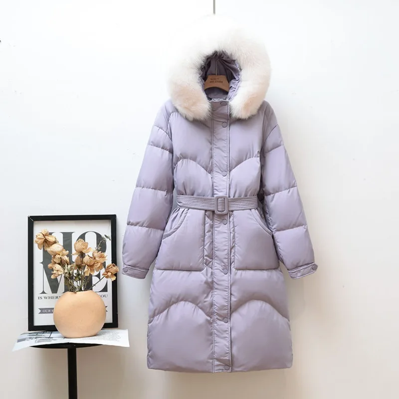 2021 New Women's Winter New Large Fur Collar Down Jacket Ladies Mediumn Fashion Jacket Solid Color Waist Thin Thick Belt Coat
2021 New Women's Winter New Large Fur Collar Down Jacket Ladies Mediumn Fashion Jacket Solid Color Waist Thin Thick Belt Coat