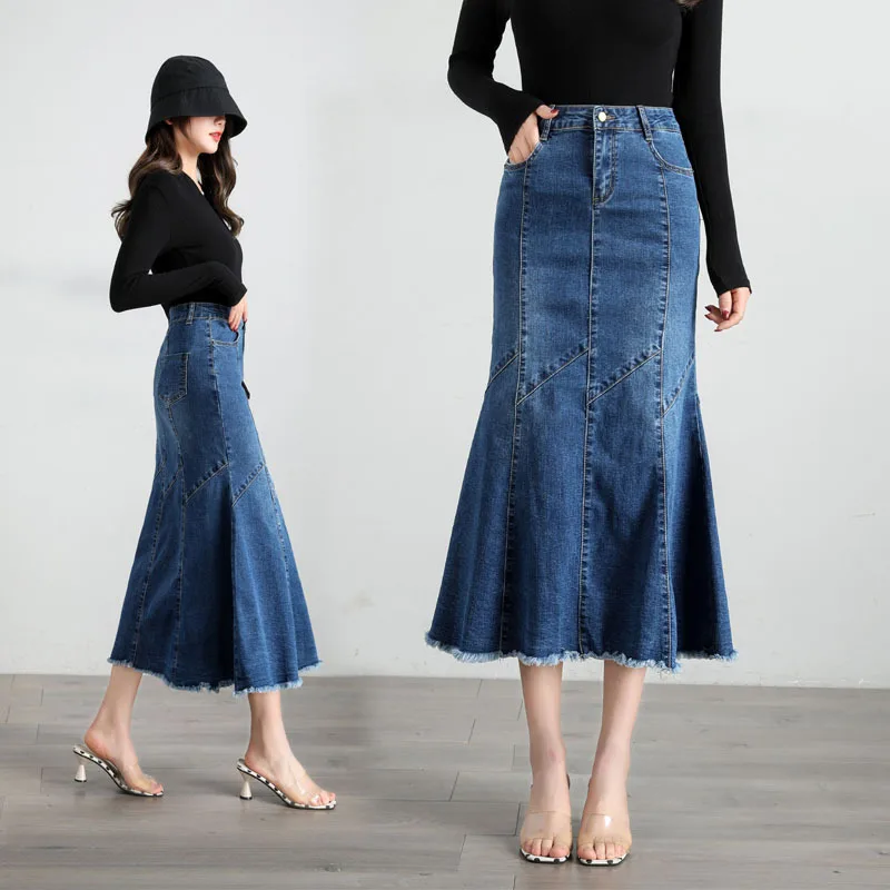 

Spring And Summer New Style Slim Fit Slimming Sheath Flash Fishtail Skirt Elasticity High-waisted Large Size Joint Denim Skirt W