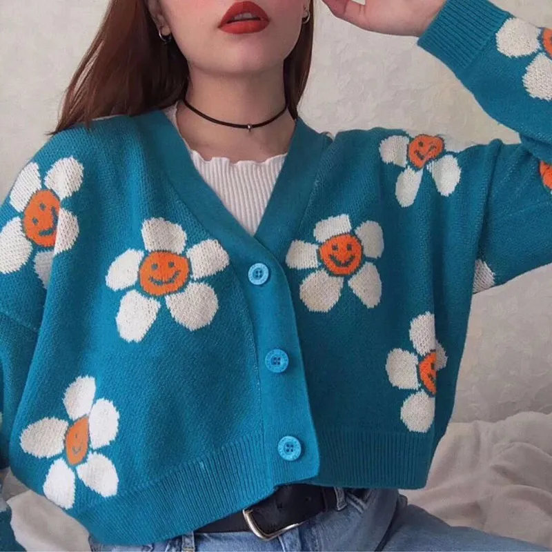 Fall Women Sunflower Cropped Cardigan Streetwear Button Long Sleeve Loose Cardigans Harajuku V-Neck Knitted Sweater
Fall Women Sunflower Cropped Cardigan Streetwear Button Long Sleeve Loose Cardigans Harajuku V-Neck Knitted Sweater