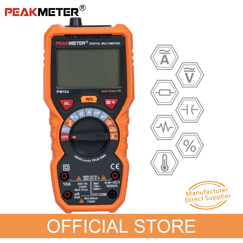 PEAKMETER Multimeter Voltmeter Ammeter PM18A with True RMS AC DC Voltage Resistance Capacitance Frequency Temperature NCV Tester
PEAKMETER Multimeter Voltmeter Ammeter PM18A with True RMS AC DC Voltage Resistance Capacitance Frequency Temperature NCV Tester