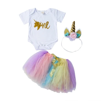 

3PCS Baby Girl 1st Birthday Outfit Party Unicorn Romper Cake Smash Tutu Dress[Unicorn Romper+Rainbow Tutu+Headband