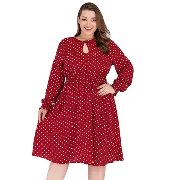 

Plus Size 5XL Long Bishop Sleeve Polka Dot Shirt Dresses Large Sizes Women Red Elastic Waist Casual Spring Autumn Women Dress