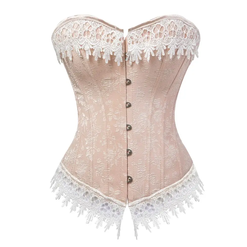 

Grebrafan Gothic Plus Size Cream Lace Trim Overbust Corset Bustier Top Push Up Masquerade Carnival Fiesta Party Costumes