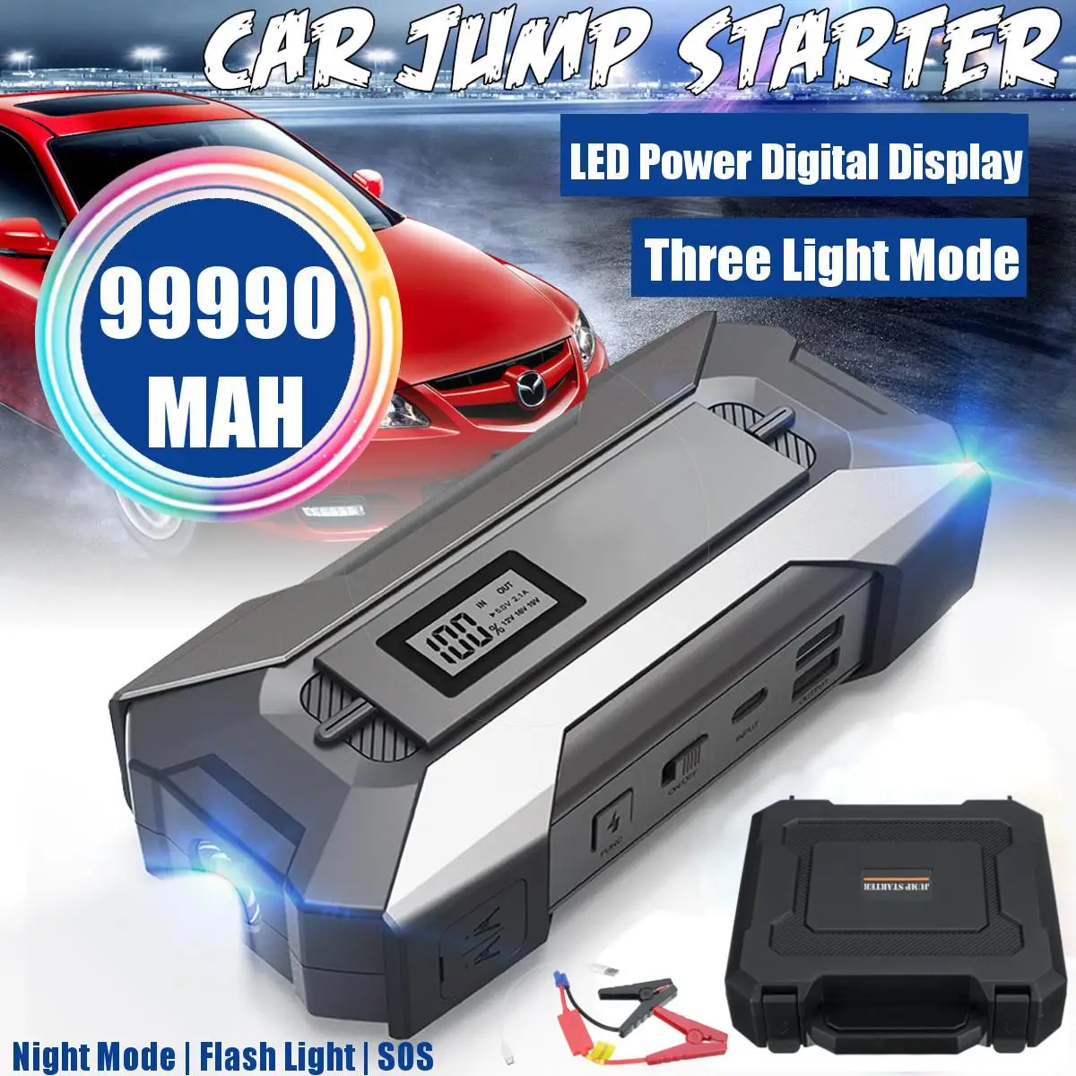 99990mAh 5 Ports Car Jump Starter Cars Battery Jumper 12V 3.0 Fast Charger 3 USB 2 Type-C Emergency Power Bank SOS LED Flashlig
99990mAh 5 Ports Car Jump Starter Cars Battery Jumper 12V 3.0 Fast Charger 3 USB 2 Type-C Emergency Power Bank SOS LED Flashlig