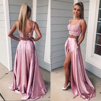 Two Pieces Lace Top Sexy Satin Prom Dress with High Split Scoop Neck Lace Up Back Long Evening Gowns Sweep Train Custom Made
Two Pieces Lace Top Sexy Satin Prom Dress with High Split Scoop Neck Lace Up Back Long Evening Gowns Sweep Train Custom Made