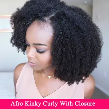 

Afro Kinky Curly Weave Human Hair Bundles with Lace Closure 4x4 Free Part Non Remy Mongolian Hair Weave 3 Bundles with Closure