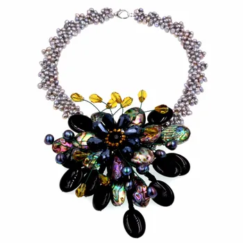 Black Abalone Shell Black Onyx Gray Pearl Flower Choker Necklace 
Black Abalone Shell Black Onyx Gray Pearl Flower Choker Necklace