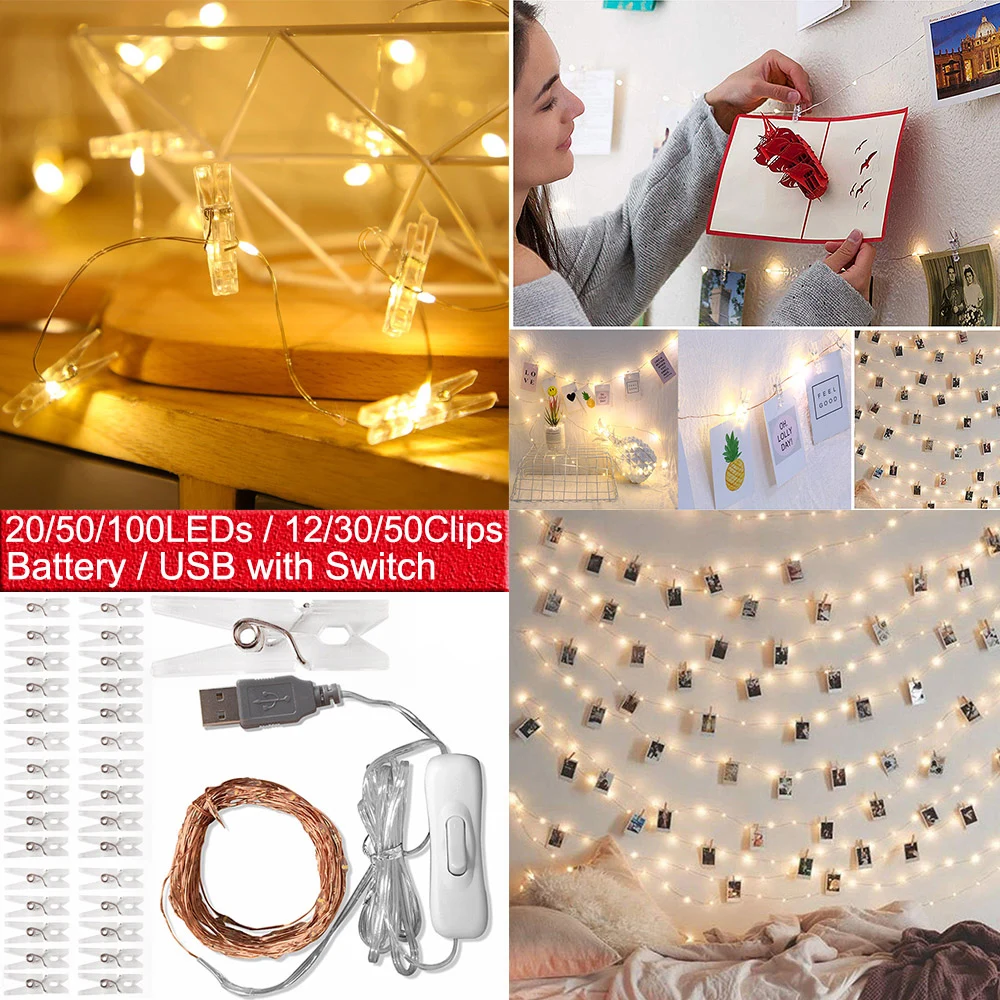 20 50 100 LED Photo Clip LED String Lights Battery USB Operated with Switch Hanging Pictures Clip Fairy String Lights Wall Decor
20 50 100 LED Photo Clip LED String Lights Battery USB Operated with Switch Hanging Pictures Clip Fairy String Lights Wall Decor