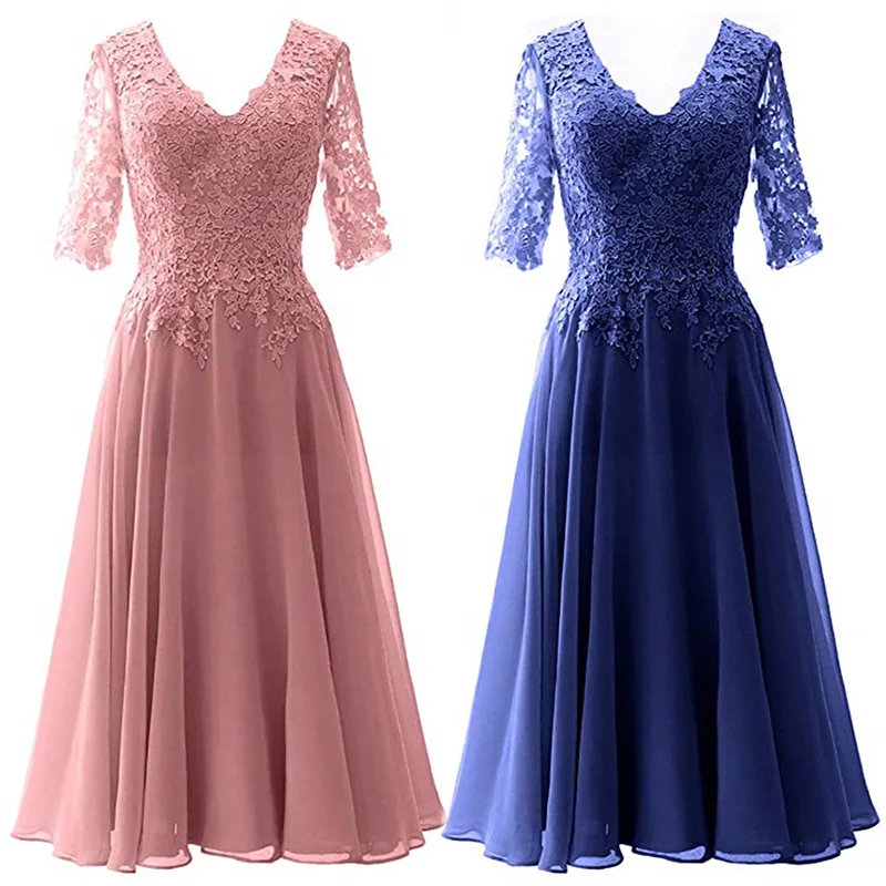 A Line Lace Applique Chiffon Cap Sleeve V Neck Mother Of The Bride Dress Outfits Evening Formal Prom Tea Length Zipper Back 
A Line Lace Applique Chiffon Cap Sleeve V Neck Mother Of The Bride Dress Outfits Evening Formal Prom Tea Length Zipper Back