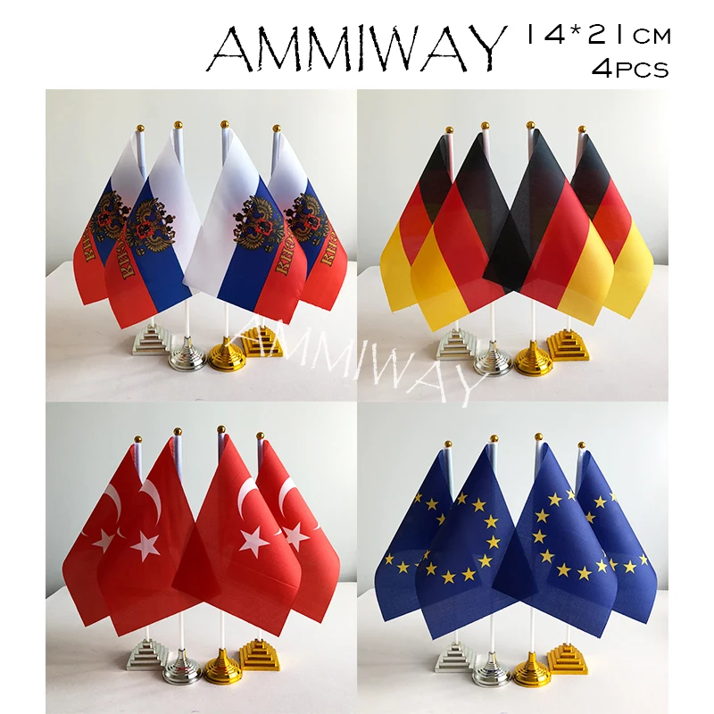 Настольные флаги AMMIWAY 14x21 см 4 шт. Россия Российская Федерация Турция Европейский