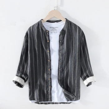 Men's Striped Shirt Casual Pure Linen Loose Three Quarter Sleeve Shirts Man Stand Collar Breathable Clothing Y2723
Men's Striped Shirt Casual Pure Linen Loose Three Quarter Sleeve Shirts Man Stand Collar Breathable Clothing Y2723