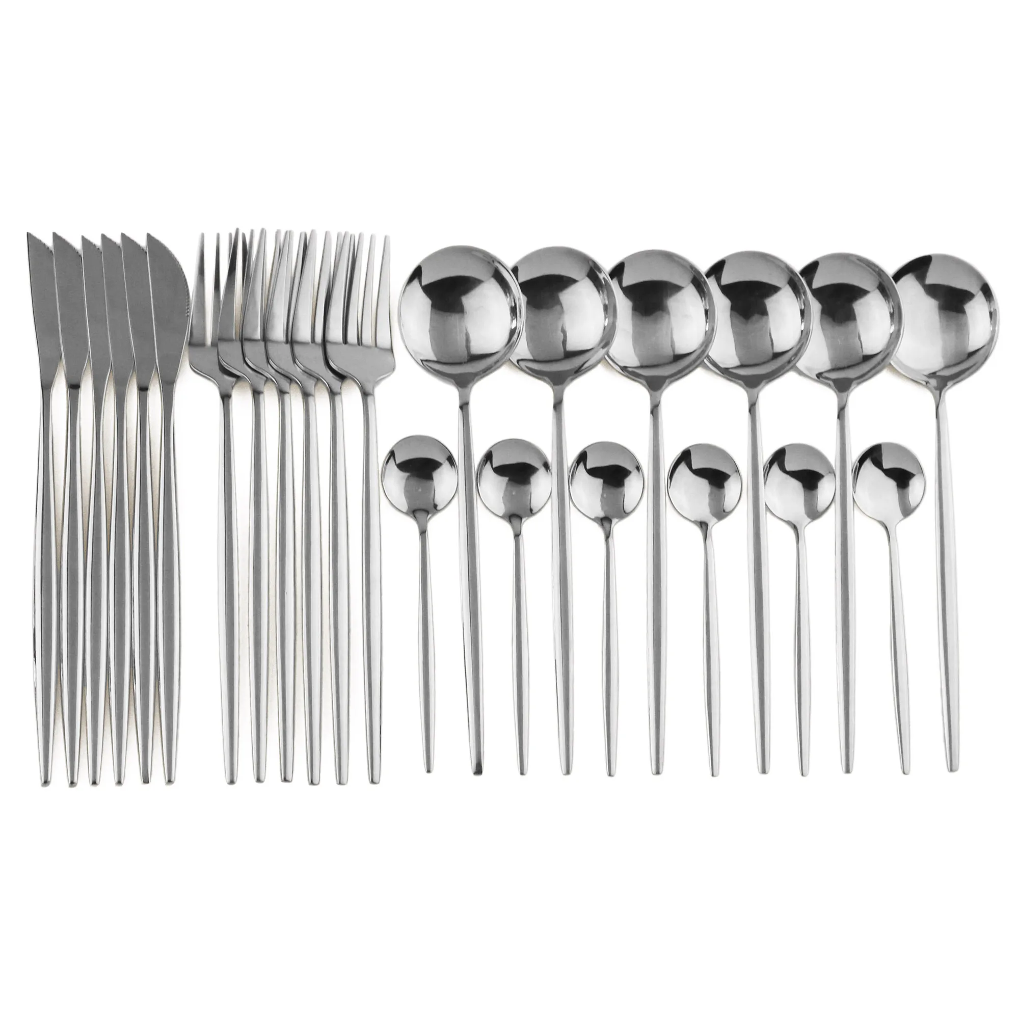 24Pcs/Set Silver Cutlery Set 18/10 Stainless Steel Knife Fork Spoon Teaspoon Dinnerware Set Flatware Set Tableware Set Wholesale
24Pcs/Set Silver Cutlery Set 18/10 Stainless Steel Knife Fork Spoon Teaspoon Dinnerware Set Flatware Set Tableware Set Wholesale
