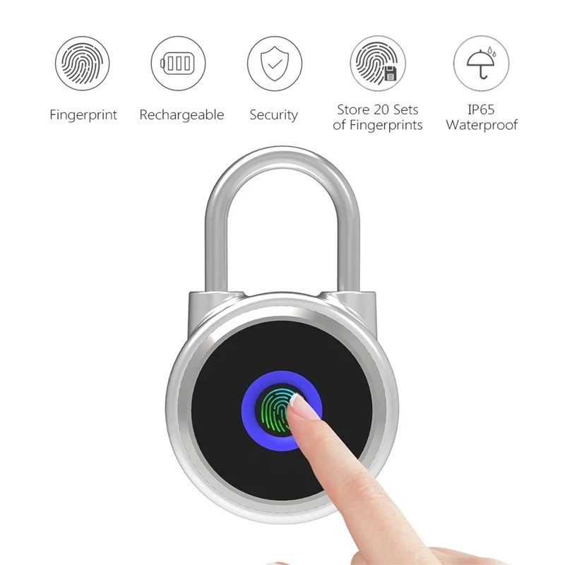 20 Groups Fingerprint Padlock IP65 Waterproof Fingerprints Rechargeable for Lockers Bags Bicycle