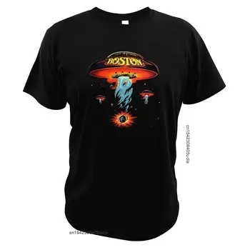 Camiseta Fashion Masculina e Feminina de Rock Band em Metal Preto 12 Boston Spaceship T Shirt Album Boston Tshirt American Rock Band Cotton Fashionable T-Shirt Eu Size