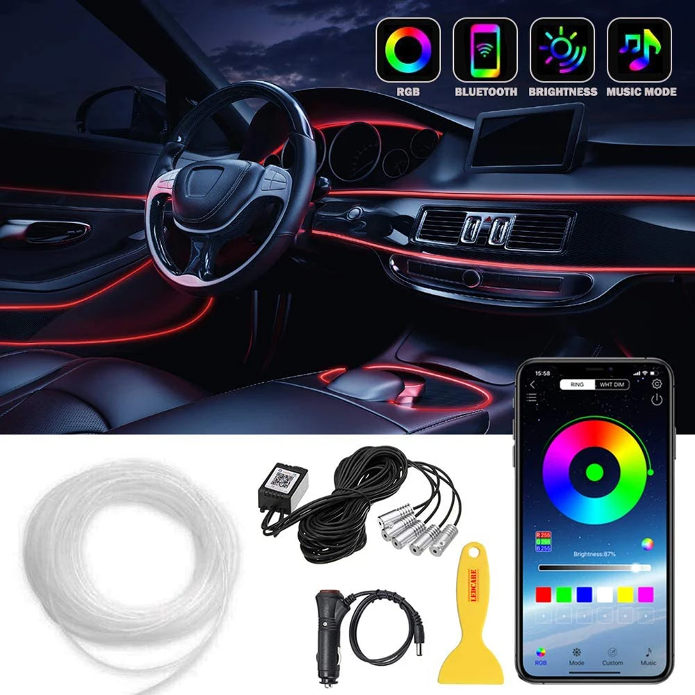 

12V RGB Car Interior Decor Atmosphere Fiber Optic Neon EL Wire Strip LED Light Guide by App Control DIY Music 6M 5 Controllers