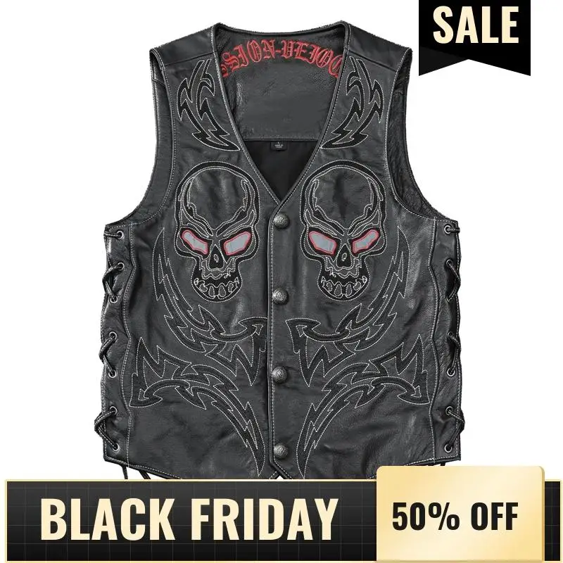 2020 Black Skulls Embroidery Genuine Leather Vest Men Plus Size 5XL Real Cowhide Spring Slim Fit Short Biker Style Leather Vest
2020 Black Skulls Embroidery Genuine Leather Vest Men Plus Size 5XL Real Cowhide Spring Slim Fit Short Biker Style Leather Vest