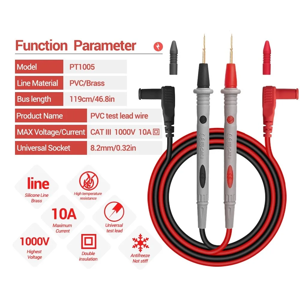 Universal DMM Probe Test Leads PT1005 1000V 10A Instrument Pen FOR Electronic Work With Rubber Sleeve 37 Inches
Universal DMM Probe Test Leads PT1005 1000V 10A Instrument Pen FOR Electronic Work With Rubber Sleeve 37 Inches