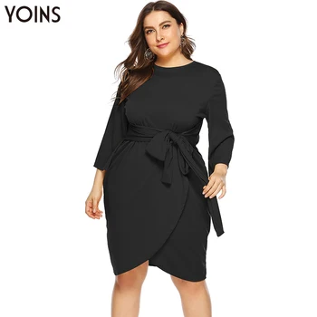 

YOINS Women Belt Round Neck Long Sleeve Crossed Hem Dress 2020 Female Wrapped Black Dresses Midi Length Plus Size Vestidos Party