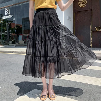 2020 Summer Pleated Umbrella Skirt Women Elegant Elastic Waist Mid-calf Skirts Female Loose Patchwork Ruffles Voile A-Line Skirt
2020 Summer Pleated Umbrella Skirt Women Elegant Elastic Waist Mid-calf Skirts Female Loose Patchwork Ruffles Voile A-Line Skirt