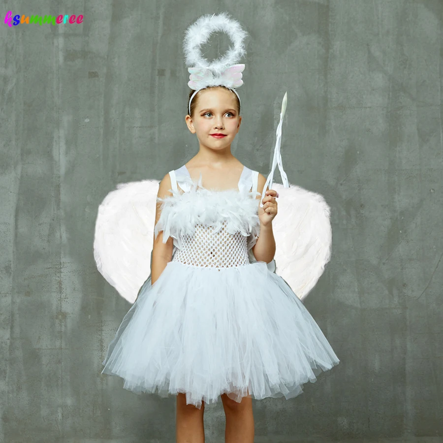 Фото Платье-пачка с белыми ангельскими перьями для девочек детский костюм на Хэллоуин