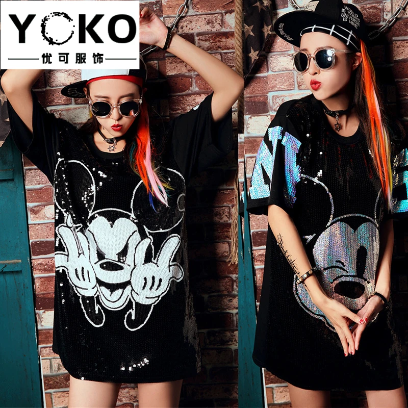 YOKO women streetwear casual loose O-neck sequin T-shirt plus size dress short sleeve Mickey Minnie mouse cartoon club dresses 
YOKO women streetwear casual loose O-neck sequin T-shirt plus size dress short sleeve Mickey Minnie mouse cartoon club dresses