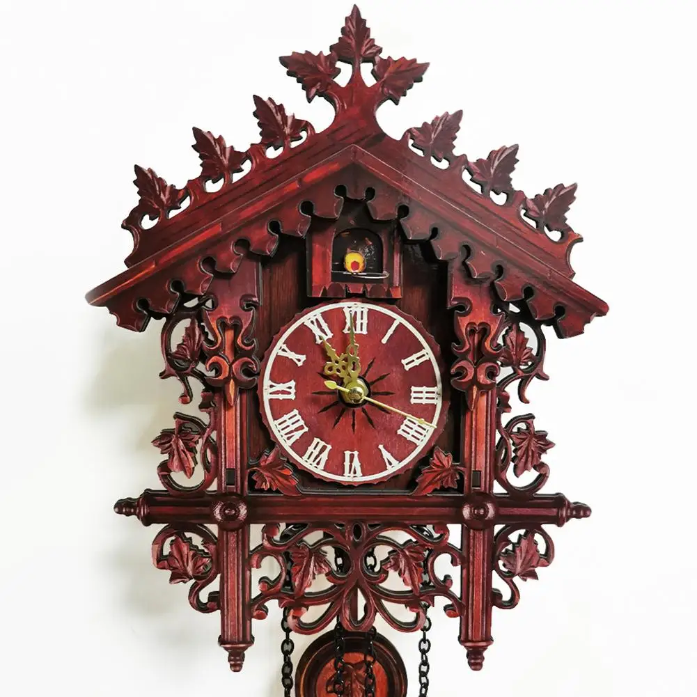Retro Cuckoo Wall Clock Black Forest Hand-Carved Home Decorat Swing Wall Clock