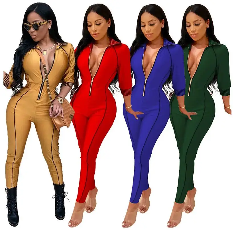 Autumn Sexy Solid Front Zippers Jumpsuit Three Quarter Sleeve Ladies Club Party Overalls Outfits Deep V Vintage hight street
Autumn Sexy Solid Front Zippers Jumpsuit Three Quarter Sleeve Ladies Club Party Overalls Outfits Deep V Vintage hight street