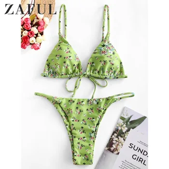 

ZAFUL Ditsy Print String Bikini Swimsuit Tiny Floral Low Waisted Cami Swimwear Strap Split Padded Bikini Two Pieces Swimsuit2020