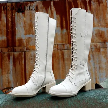 Genuine Women Leather Winter Knight Block Med Heels Lace Up Knee High Motorcycle Riding Boots Casual Safety Shoes 
Genuine Women Leather Winter Knight Block Med Heels Lace Up Knee High Motorcycle Riding Boots Casual Safety Shoes