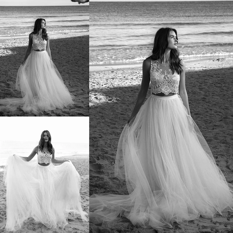 

Two Pieces Wedding Dresses Lihi hod 2019 Lace Applique Bridal Dress Sweep Train Crystal Spring Beach Beads Wedding Gowns