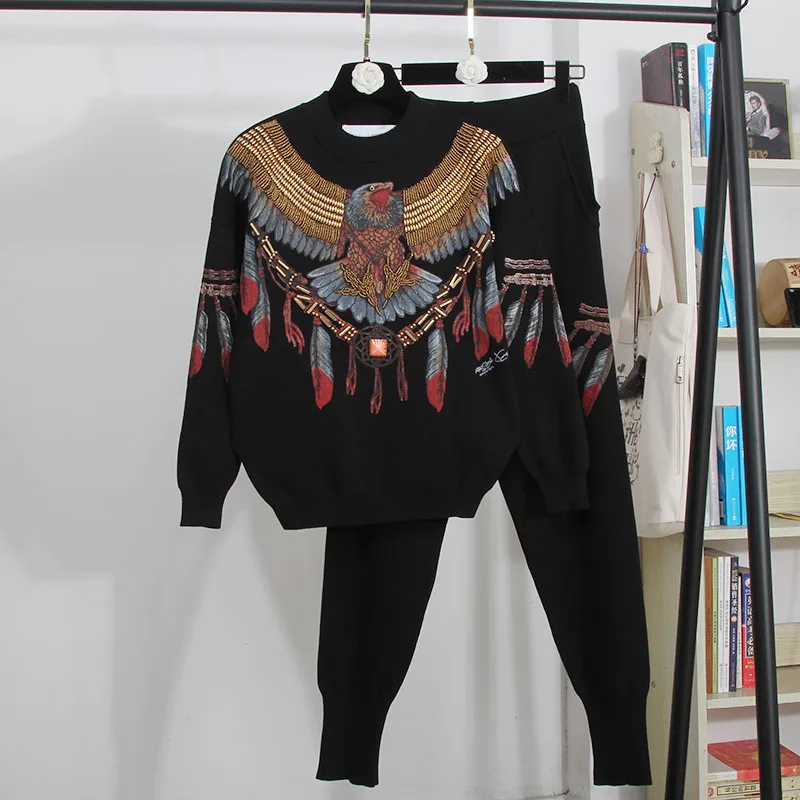 Handwork Beading Eagle Print Knitted Set Women Tracksuits Pullover Sweater Pencil Pants Two Piece Outfits Female Loose Knit Suit
Handwork Beading Eagle Print Knitted Set Women Tracksuits Pullover Sweater Pencil Pants Two Piece Outfits Female Loose Knit Suit