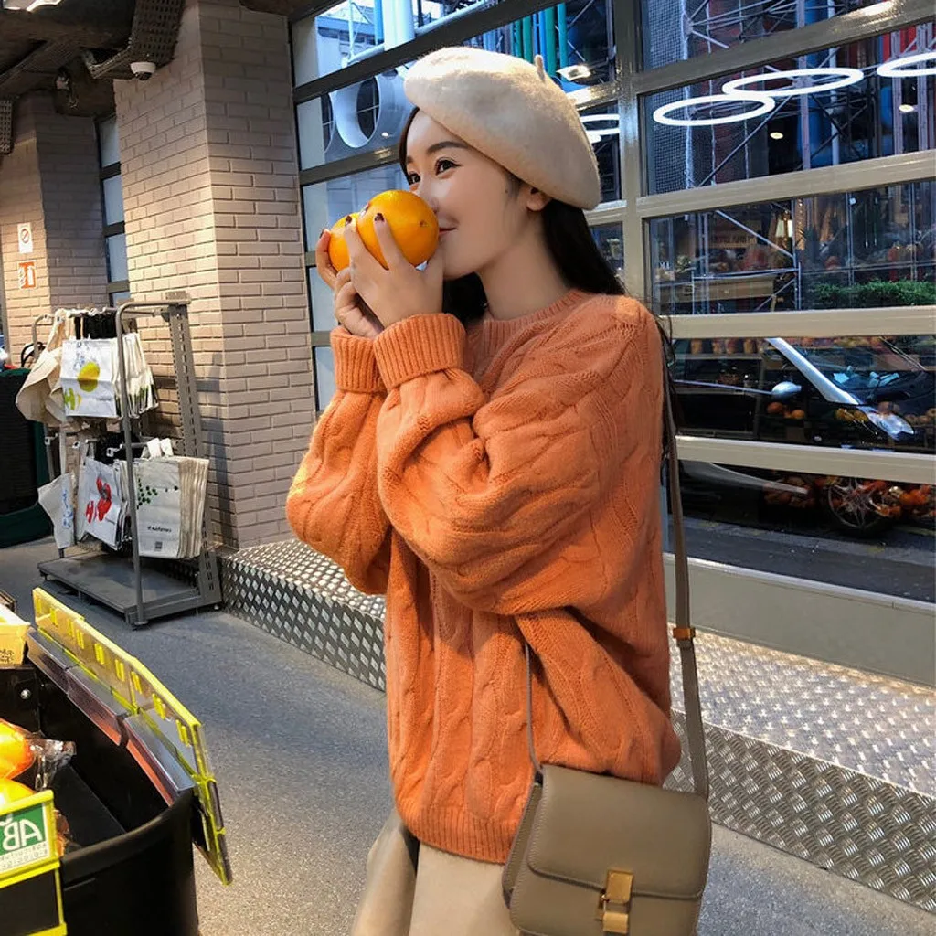 Jaycosin Fashion Women Casual Simple Long Sleeve Knitting Sweater Stylish Solid Color Comfortable Warm Lazy Wind Sweater