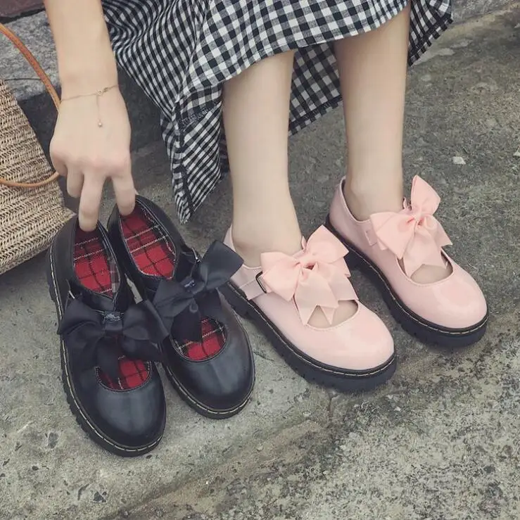 

Japanese college style sweet lolita shoes vintage round head bowknot one-word buckle uniform women shoes kawaii girl loli cos