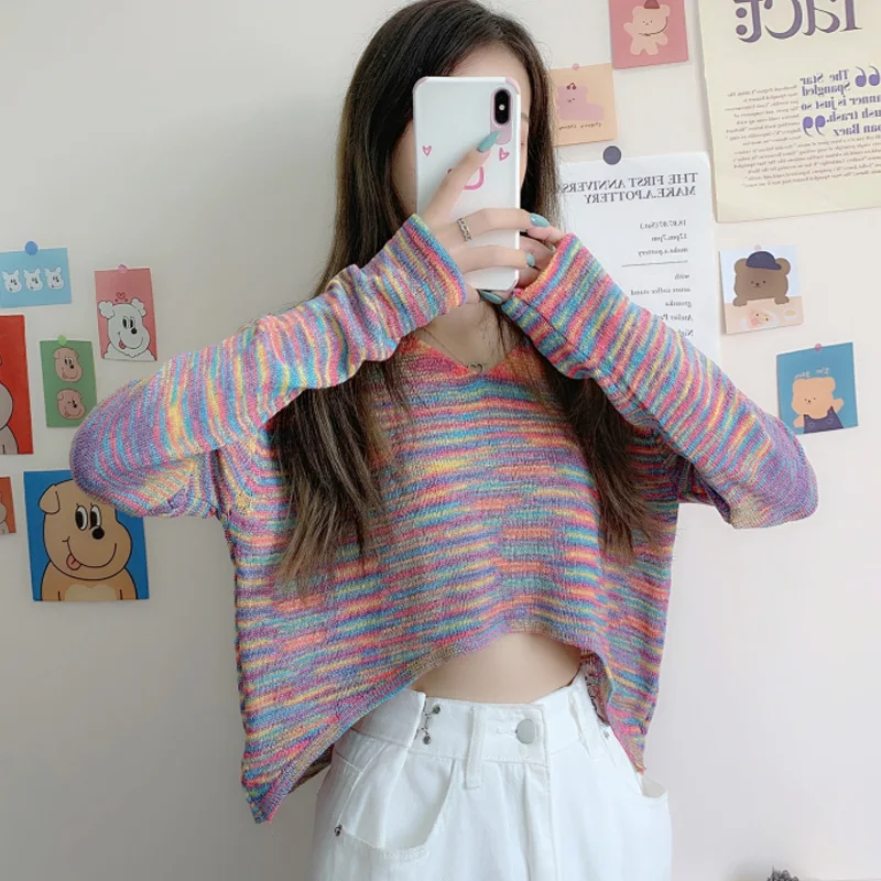Pullover Sweater Knitted Women Winter 2020 Short Knitted Rainbow Color V-Neck Long Sleeve Crop Top Knitted Sweater Cute Sweaters
Pullover Sweater Knitted Women Winter 2020 Short Knitted Rainbow Color V-Neck Long Sleeve Crop Top Knitted Sweater Cute Sweaters