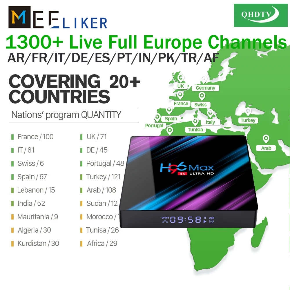 H96 MAX RK3318 4GB+32GB with QHDTV 3/6/12 Months subscription Live VOD channels forFrance UK Arabic france H96max smart iptv box
H96 MAX RK3318 4GB+32GB with QHDTV 3/6/12 Months subscription Live VOD channels forFrance UK Arabic france H96max smart iptv box