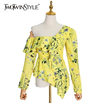 

TWOTWINSTYLE Print Floral Blouses Female Skew Collar Long Sleeve Ruffle Off Shoulder Sexy Women Shirt 2020 Clothing Fashion Tide