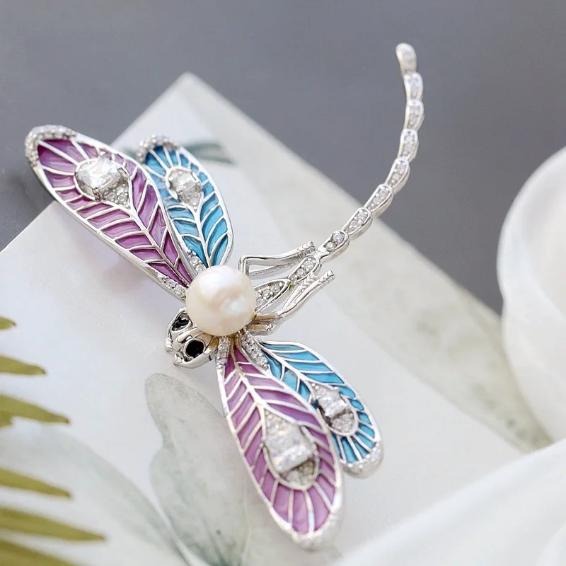 

BOCAI New S925 Sterling Silver Brooch Inlaid With Natural Freshwater Pearls Cute Little Dragonfly Fashion Woman Corsage