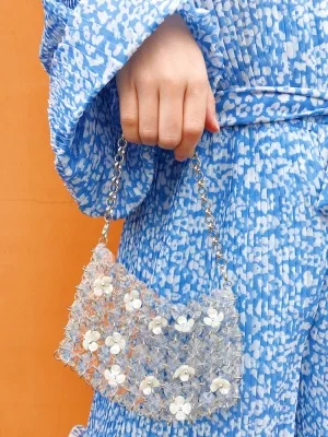 Прозрачная женская сумка с бусинами и кристаллами открытая круглая на цепочке
