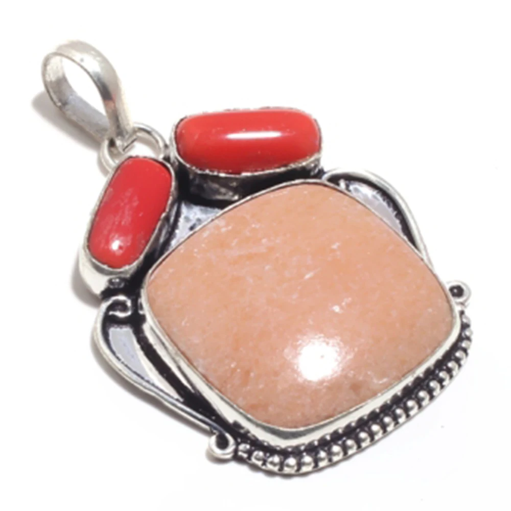 Genuine Brown Sunstone + Coral Pendant Silvers Overlay over Copper Hand made Women Jewelry gift P9067 | Украшения и аксессуары