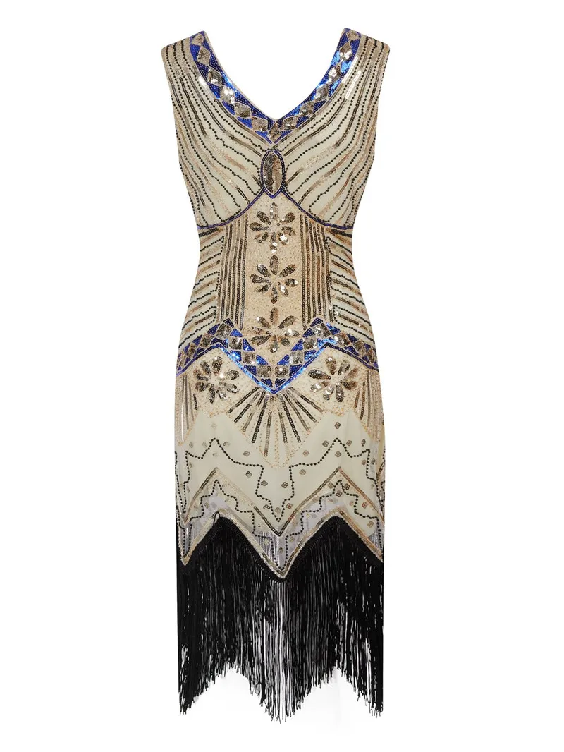 Плюс размер 3XL женское платье с воланами 1920s V шеи бисером бахромой гатсби тема
