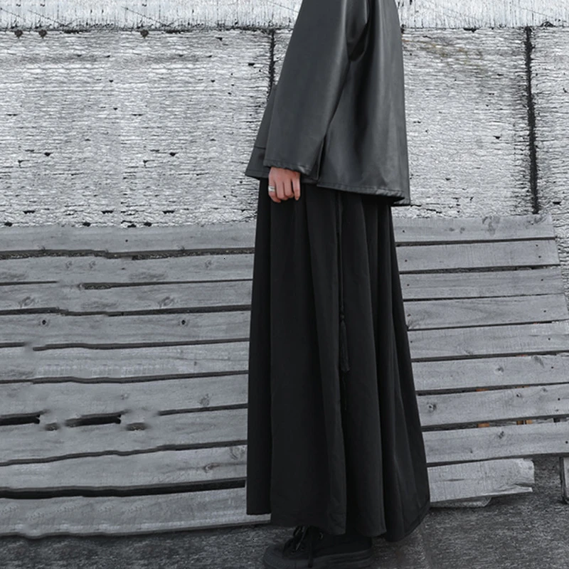2020 Spring Woman new Solid Black Color Long Loose High Waist Lace Up Drawstring Draped Half-body Skirt All Match 2020 Spring Woman new Solid Black Color Long Loose High Waist Lace Up Drawstring Draped Half-body Skirt All Match